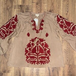 NWT!!  LAYERZ Clothing.Embroidered Boho Blouse - Red and Tan